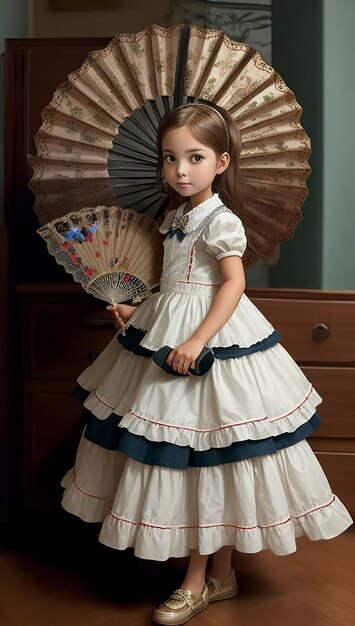 A girl in a dress with a fan in the background