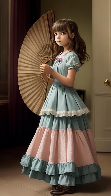 A girl in a dress with a fan in the background