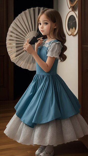 A girl in a dress with a fan in the background