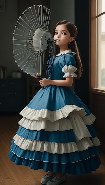 A girl in a dress with a fan in the background