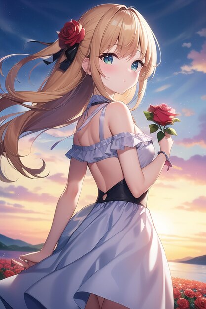 A girl in a dress with a flower in her hair