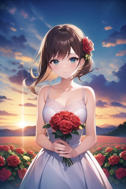 A girl in a dress with flowers in her hands