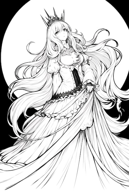 A girl in a dress with long hair and a full moon on the bottom.