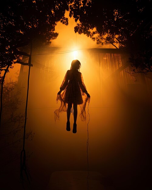 Photo a girl in a dress with long hair stands in the fog