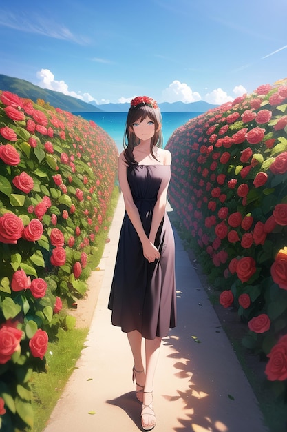 A girl in a dress with red roses on the bottom