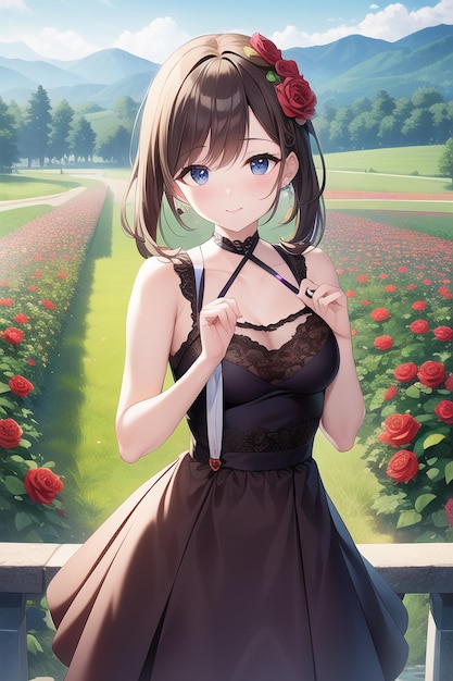 A girl in a dress with a ribbon on her neck