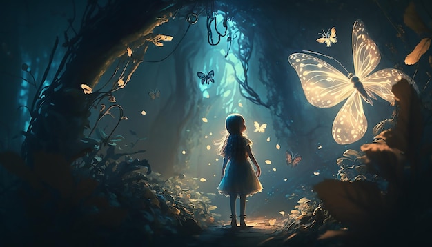Ragazza in abito con farfalla splendente che cammina nella foresta degli elfi delle fiabe fantasy
