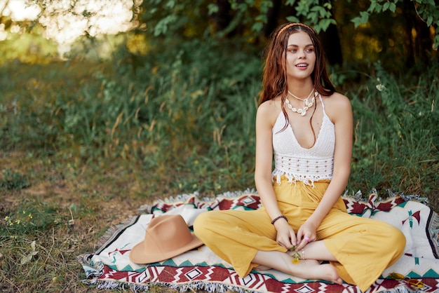 Girl dressed as a hippie eco relaxing in the park sitting on a blanket in the sunset relaxed lifestyle