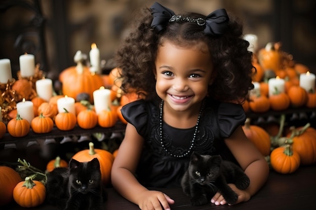 A girl dressed as a witch for Halloween holding a black cat in her arms Smiling