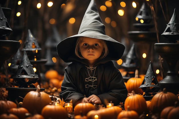 Girl dressed as a witch among Halloween pumpkins