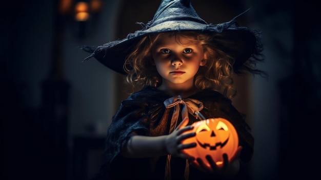 Photo girl dressed as a witch holding a pumpkin