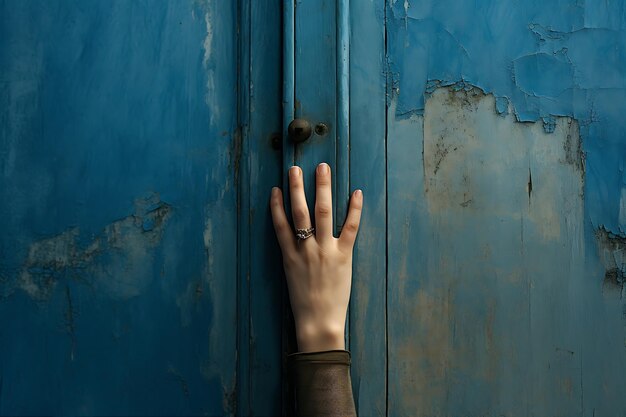 Photo girl dressed blue holding door