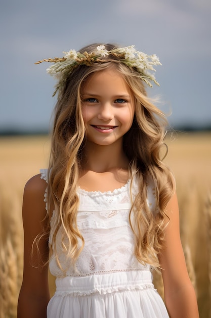 Girl dressed for first communion with flower crown in the field