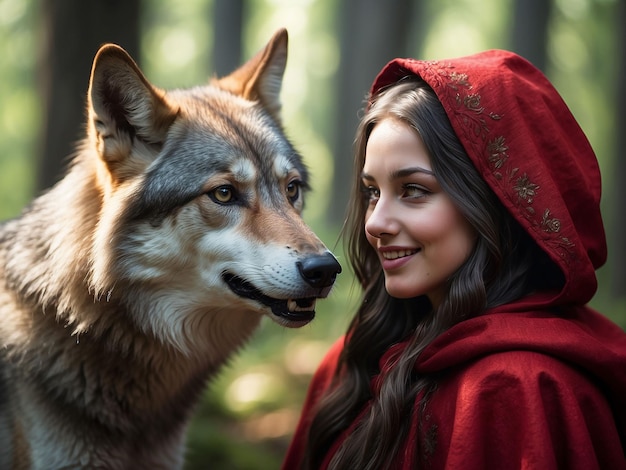 Photo a girl dressed in red with a fox by her side