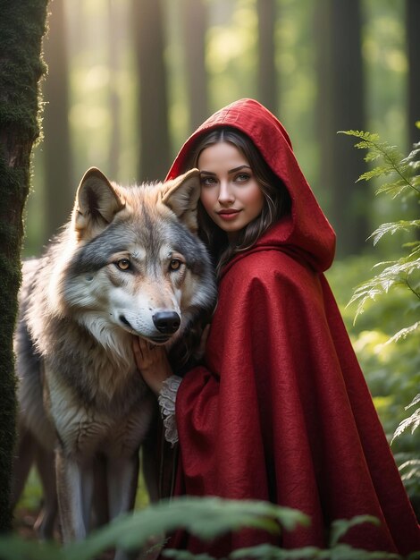 Foto una ragazza vestita di rosso con una volpe al suo fianco