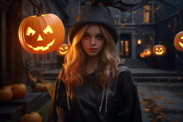 A girl dressed up to go trick or treating photorealistic