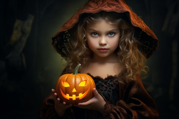 A girl dressed up to go trick or treating photorealistic