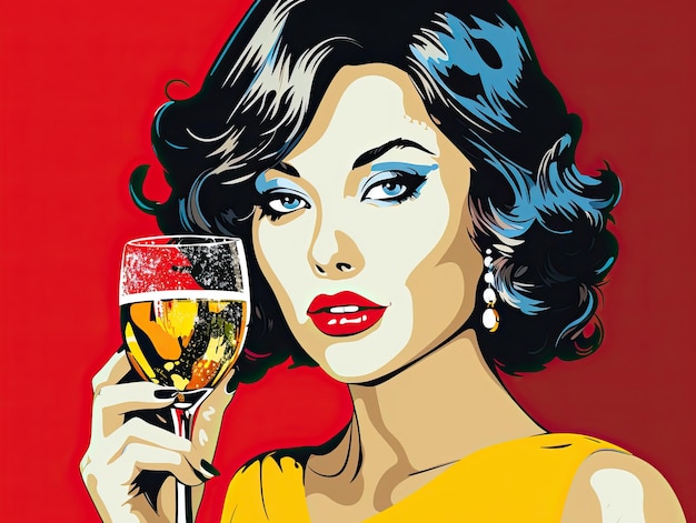 girl drinking champagne in the pop art style