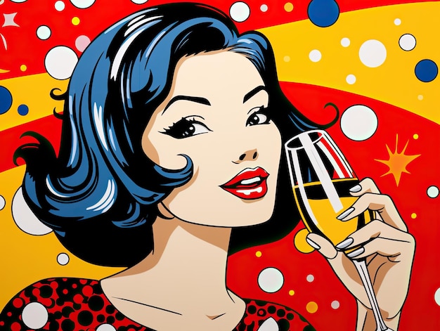 girl drinking champagne in the pop art style