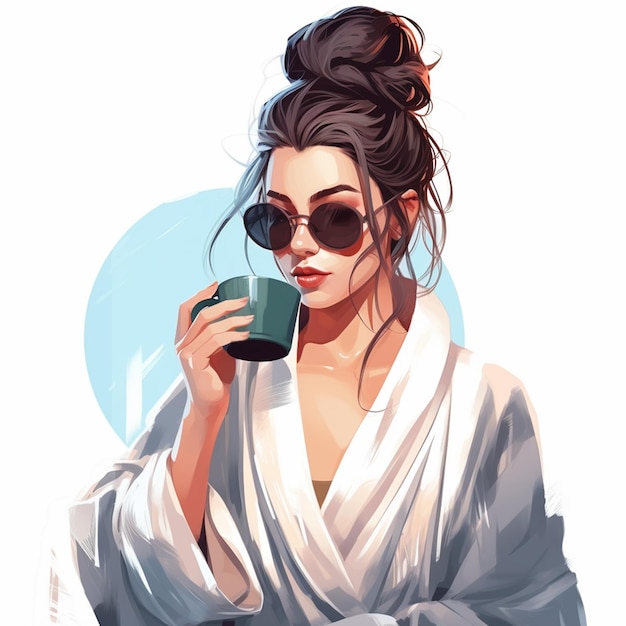 girl drinking coffee in bathrobe