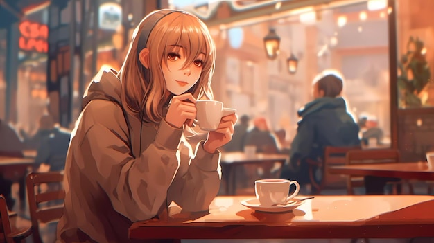 A girl drinking coffee in a cafe