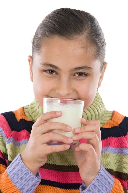 Girl drinking milk a over white background