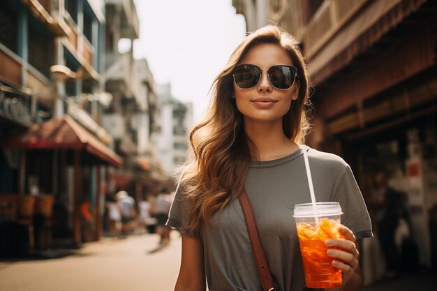 A girl drinking a soft drink from a glass while walking sightseeing in the cityA girl drinking a sof