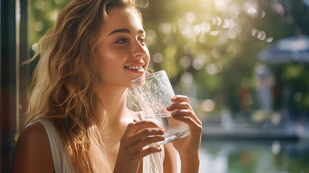 写真 公園の外でガラスの水を飲んでいる女の子健康のために水を飲む画像テキストのコピースペース