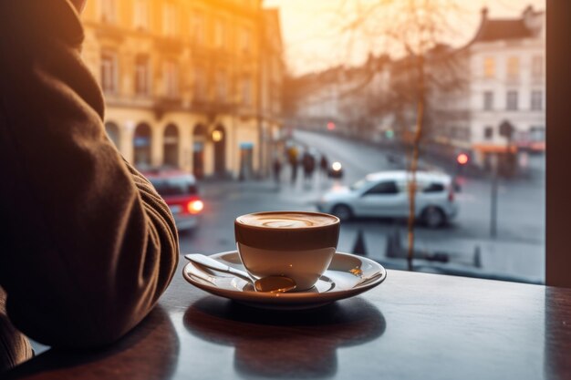 A girl drinks a cup of coffee in a cafe overlooking the hustle and bustle of the city