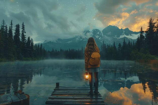 A girl at dusk stands on a wooden pier near a lake in the fog against the backdrop of mountains