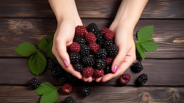 Girl eating berries on wooden background Blackberry in hand