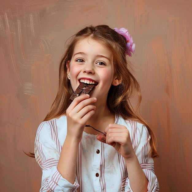 a girl eating chocolate cake with a pink bow in her hair