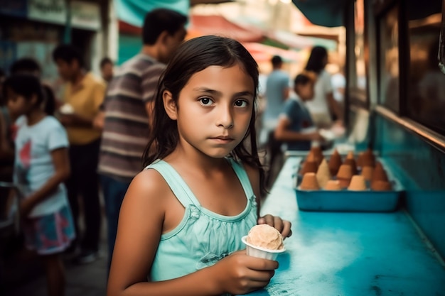 Girl eating ice cream in a street food market Generative AI