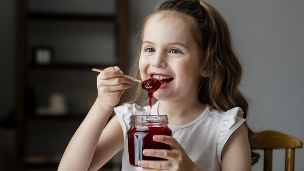 Girl eating jam from jar