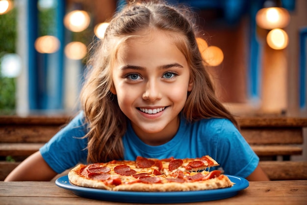 写真 カフェでピザを食べている女の子 不健康な食べ物 青いtシャツ