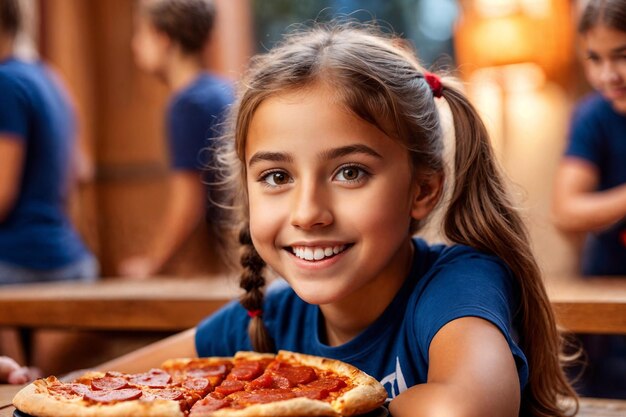 写真 カフェでピザを食べている女の子 不健康な食べ物 青いtシャツ