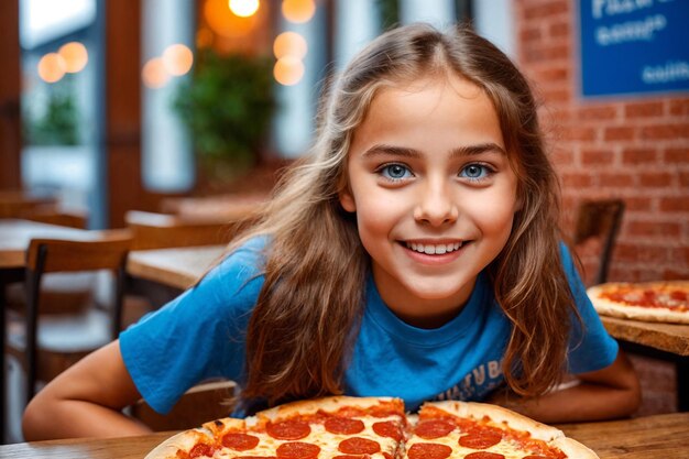 カフェでピザを食べている女の子 不健康な食べ物 青いTシャツ
