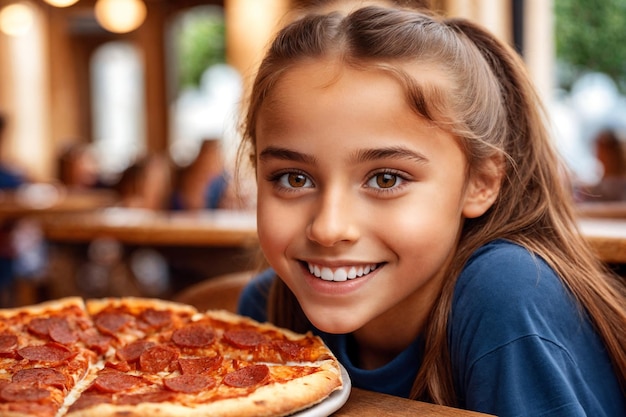 Girl eating pizza at cafe unhealthy food blue tshirt