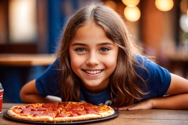 カフェでピザを食べている女の子 不健康な食べ物 青いTシャツ
