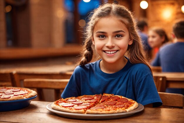 Girl eating pizza at cafe unhealthy food blue tshirt