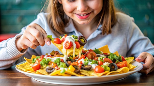 Foto una ragazza che mangia un piatto di nachos carichi di formaggio e salsa in più