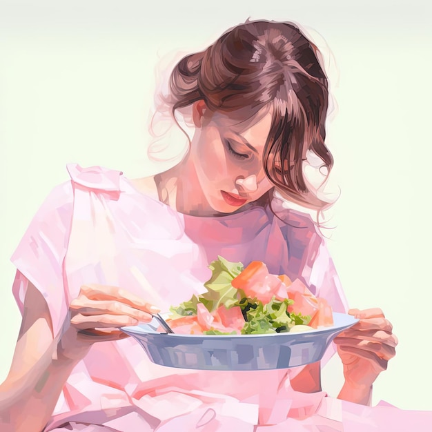 사진 제니 세빌의 스타일의 분홍색 평평한 일러스트레이션의 접시에서  ⁇ 러드를 먹는 소녀