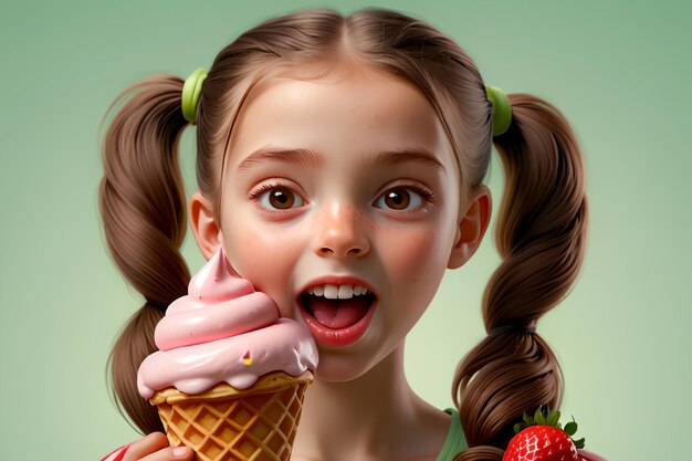 Фото Девушка ест клубничное мороженое на зеленом фоне
