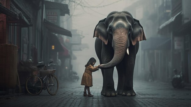 A girl and an elephant on a street