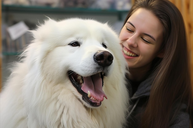 Девушка-служащая ветеринарной клиники салона улыбается и смотрит на белую длинношерстную собаку