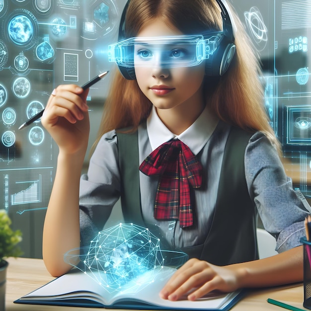 a girl engineer use augmented mixed virtual reality integrate artificial intelligence combine