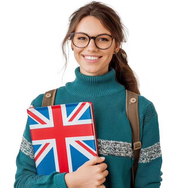 A girl english student with glasses