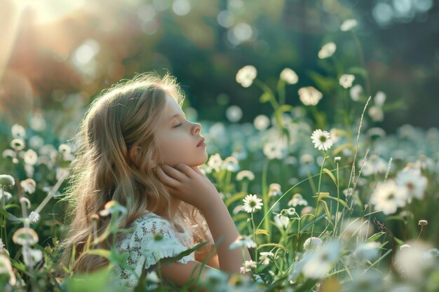 Photo girl enjoying the golden hour in a meadow of flowers