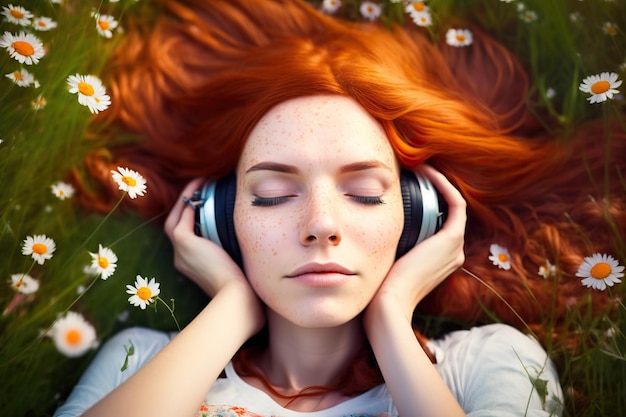 A girl enjoying music lying on a meadow AI generated