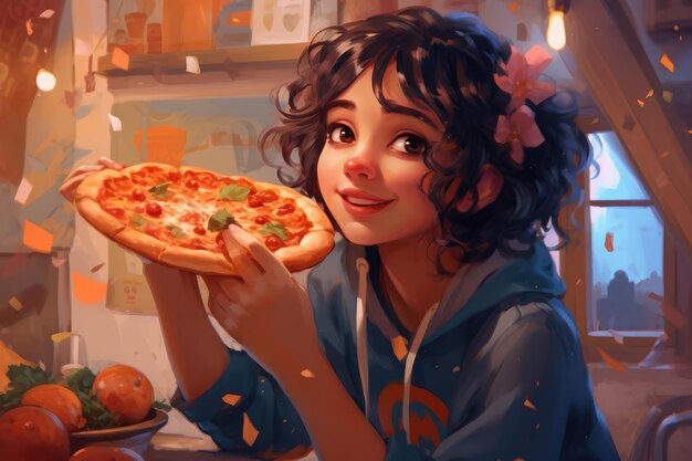 Photo a girl enjoying a slice of pizza